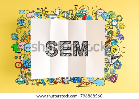 SEM text with colorful illustrations on a yellow background