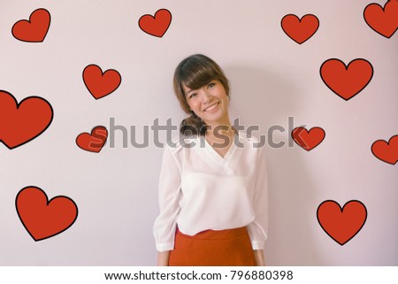 Valentines Day concept- Headshot portrait of a hipster young asian woman smiling with red heart illustration doodle icon at the back ground