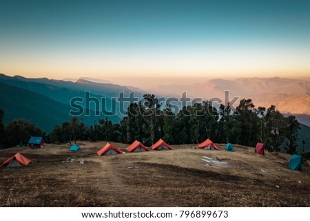 This is the view from Nag Tibba base camp. Nag Tibba is the highest peak in the lesser himalayan region of Garhwal, Uttarakhand, India. It lies at an altitude of 9,915ft from the sea level. Royalty-Free Stock Photo #796899673