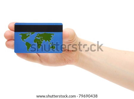 Blue credit card with world map on hand holding