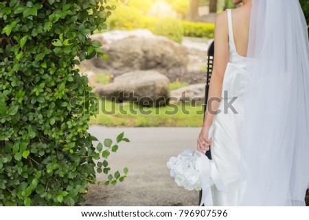 Back of view Bride holding bouquet in her hand and waiting for something in front of tunnel tree 
