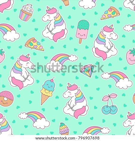 Cute pastel unicorn , rainbow and dessert seamless pattern with heart background