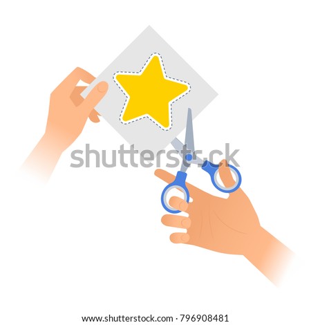 Human hand is using a pair of scissors to cut out a star from paper. Flat vector illustration of yellow star shape with dotted line on a piece of sheet and steel office shears with plastic handles.