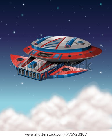 Spaceship flying in dark galaxy illustration
