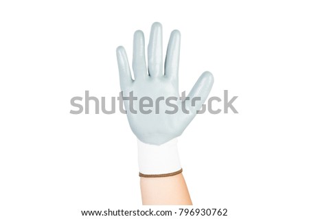 children's hand wearing glove shows hi five, stop, hand up. isolated on white background