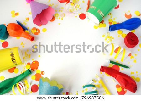 Festive bright decor for birthday on a white background. Top view. Celebration concept. 