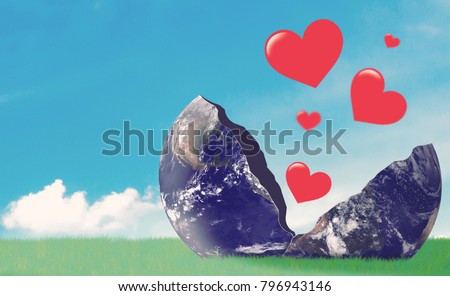 Red heart flying on blue sky background, valentine day, romantic and falling in love concept, Elements of this image furnished by NASA