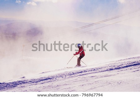 Female skier on the track. White background. Sport photo with edit space.
