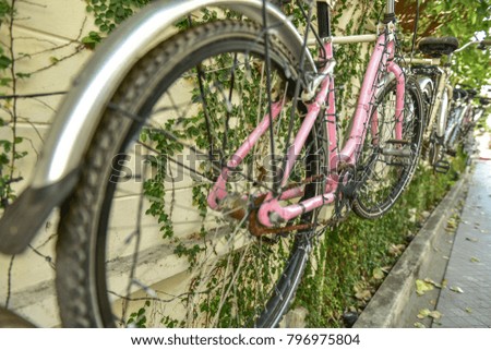 Bicycle hanging on the wall and focus on the front wheel . 
