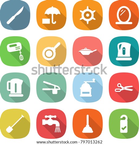 flat vector icon set - scalpel vector, insurance, handwheel, mirror, mixer, pan, kettle, garlic clasp, hand mill, scissors, shovel, water tap, plunger, please clean
