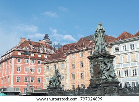 Monument and facedes in Graz, Austria.