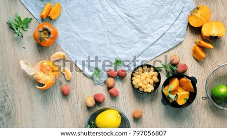 Fresh fruits frame. Food concept.Eco  menu background with space for text or logo