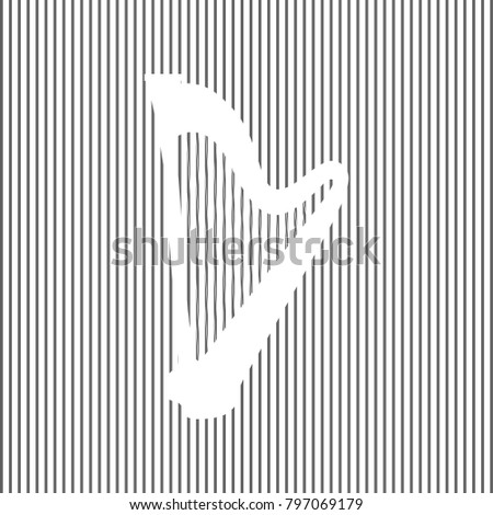 Musical instrument harp sign. Vector. White icon on grayish striped background. Optical illusion.