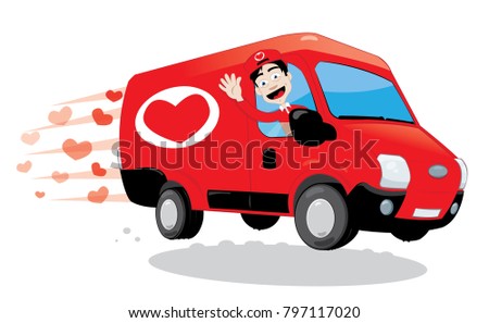 a vector cartoon representing a funny courier driving and delivering a red van of love, with heart shape logo on it. Image useful for Saint Valentine or wedding greeting cards. Love concept.