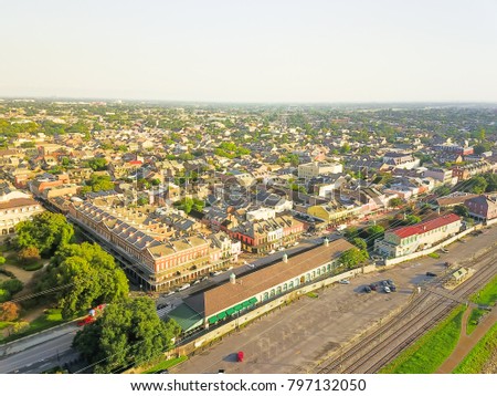 Aerial view French Quarter with extant historical buildings from 19th century. The historic district section of the city of New Orleans, Louisiana, USA. Railroad from Leningradsky railway station