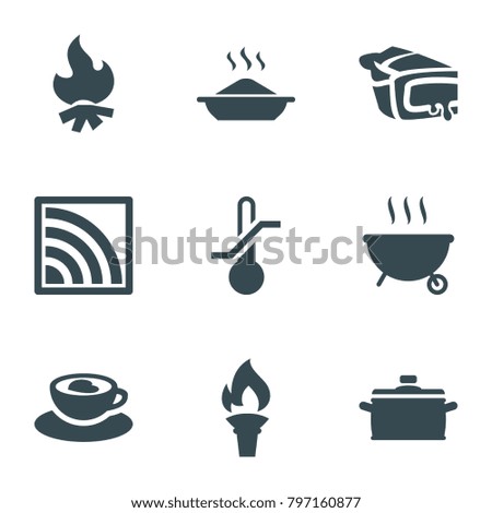 Hot icons. set of 9 editable filled hot icons such as pie, cup with heart, wi-fi, pan, torch, barbeque, bonfire, soup
