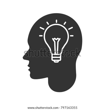 Human head with lightbulb inside glyph icon. Creativity. Silhouette symbol. New ideas. Negative space. Raster isolated illustration