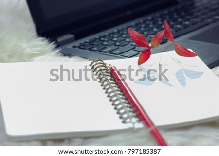 White background with red leaves and pens on notepad.