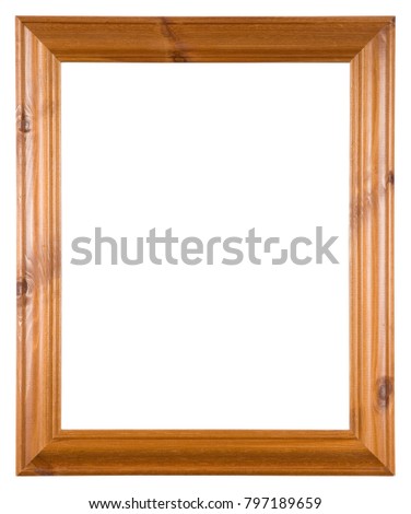 Empty picture frame isolated on white, landscape format in varnished knotty pine wood