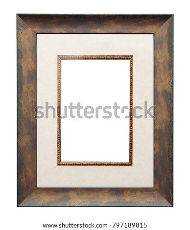 Empty picture frame isolated on white, portrait format, in a bronze effect painted finish with matte