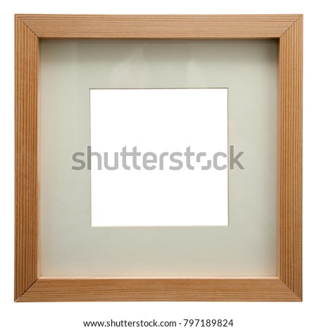 Empty picture frame isolated on white, square format, in a simple wood moulding with matte