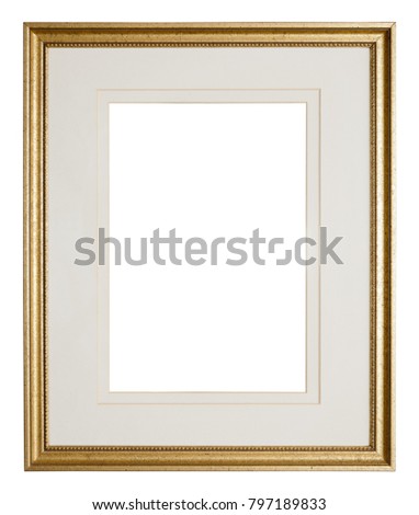 Empty picture frame isolated on white, landscape format, in a distressed gilt finish with matte