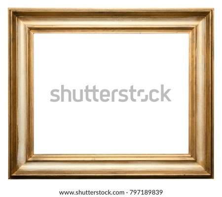 Empty picture frame isolated on white, landscape format, in a distressed gilt finish