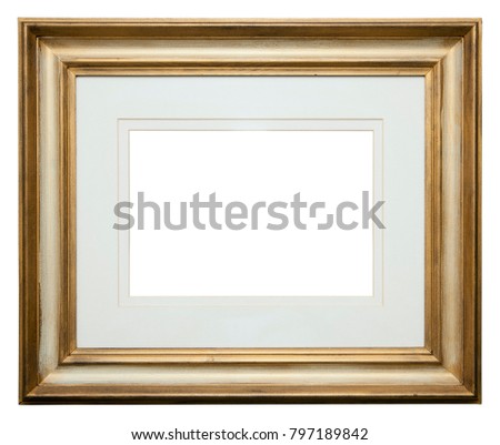 Empty picture frame isolated on white, landscape format, in a distressed gilt finish with matte