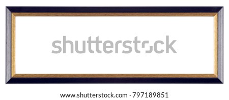 Empty picture frame isolated on white, panoramic landscape format, in painted black and gilt