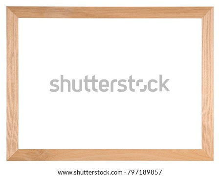 Empty picture frame isolated on white, landscape format, in light oak wood