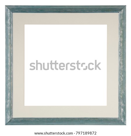 Empty picture frame isolated on white, square format, in a hand painted blue wash finish with matte