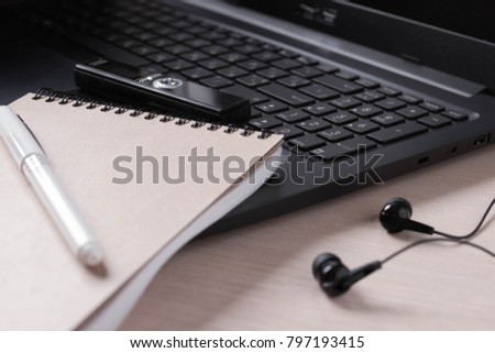 journalist's work at a computer with a voice recorder Royalty-Free Stock Photo #797193415