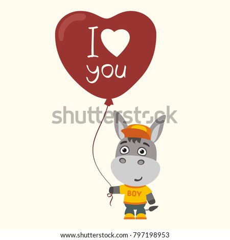 I love you! Funny donkey with balloon heart. Greeting card for Valentine's Day.