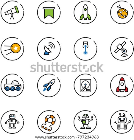 line vector icon set - telescope vector, flag, rocket, moon, first satellite, antenna, laser, rover, hdd, robot, teethers