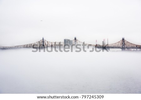 A dense fog covered New York City during the winter's day on January of 2018. View of Ed Koch Queensboro Bridge.