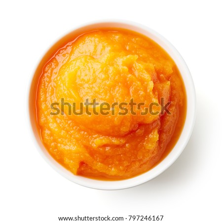 Pumpkin and carrot baby puree in round dish isolated on white background, top view Royalty-Free Stock Photo #797246167