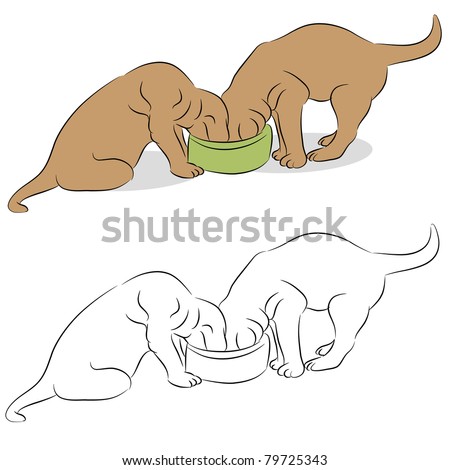 An image of a two Labrador puppies eating from a dog bowl.