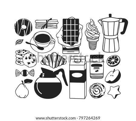 Hand drawn illustration food, drink and dishes. Creative ink art work. Actual vector drawing. Kitchen set of sweets