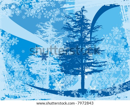 Winter background with pine trees and snowflakes.