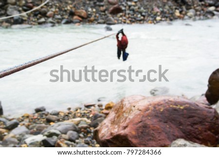 Tyrolean traverse crossing of a  river near  El Chalten in  Patagonia. Shallow depth of field, focus on the foreground rope.