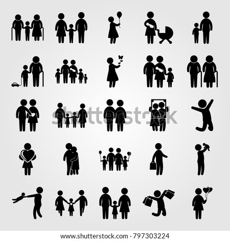 Humans icon set vector. woman with balloons, mother and son, human and big family Royalty-Free Stock Photo #797303224
