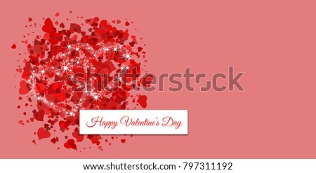 The inscription Happy Valentine's Day on a pink background with red hearts and two intertwined hearts formed of stars - diamonds