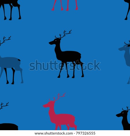 Seamless pattern of multicolored deer on a blue background
