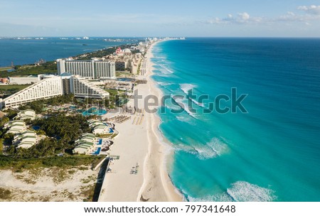 Cancun beach panorama aerial view. Aerial view of Caribbean Sea beach.  Zona hotelera top view.  Beauty nature landscape with tropical beach. Caribbean seaside beach with turquoise water and big wave Royalty-Free Stock Photo #797341648