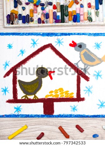 Photo of colorful drawing: Bird feeder, winter and two cute birds. Feeder for the birds