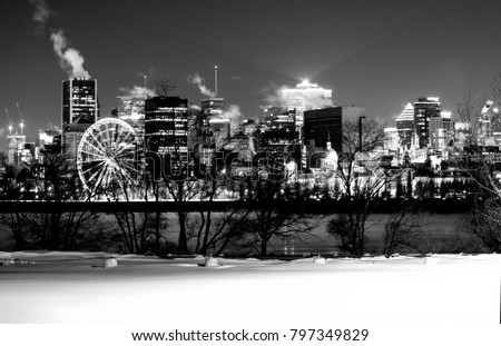 Black and white snapshot of Montreal on a winter night.