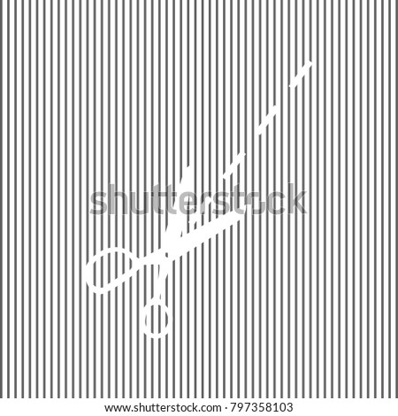 Scissors sign illustration. Vector. White icon on grayish striped background. Optical illusion.