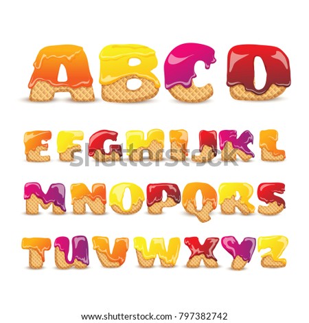 Coated waffles latin letters sweet alphabet with fruit flavor funny colorful pictograms collection poster abstract  illustration 
