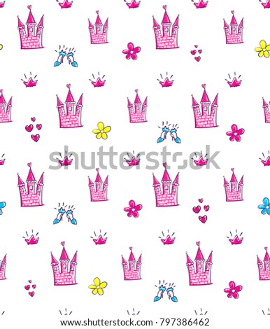 Abstract seamless girlish pattern with fairytale castle for little princess, high heel shoes, hearts, flowers. Cartoon childish Repeated backdrop for girl, textile, fashion clothes, wrapping paper. 