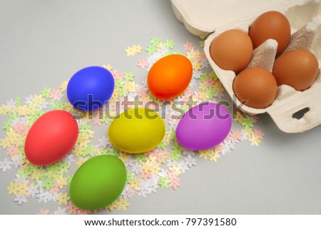 Carton of ombre dyed Easter eggs. happy easter holiday background. brown eggs lie on spring time season . open cartoon  box. springtime